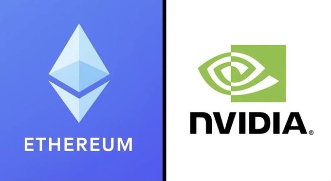 A split image showing the Ethereum logo and 'ETHEREUM' text on a blue background on the left, and the NVIDIA eye logo with 'nVIDIA' text on a white background on the right.