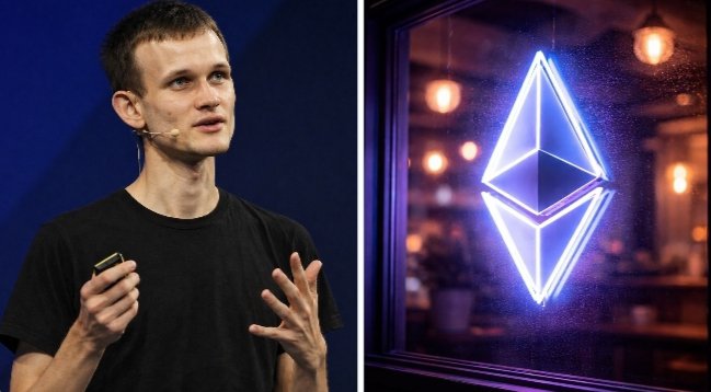 Vitalik Buterin, Ethereum's co-founder, speaks during a presentation alongside a neon Ethereum logo, illustrating the post's discussion of his vision to evolve the network into a quantum-safe, privacy-first, and leaner blockchain for the future.