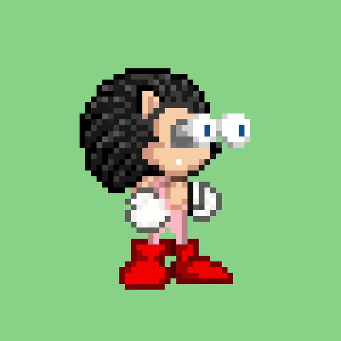 Pixel art of a character with black hair, sunglasses, a pink outfit, white gloves, and red boots standing against a light green background.