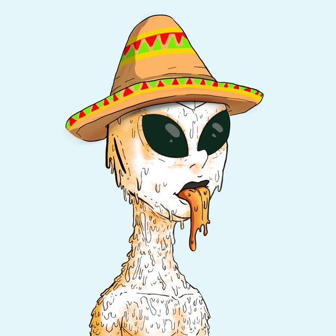 A cartoonish drawing of a melting, alien-like figure with large black eyes, drooling orange liquid, and wearing a colorful sombrero with red, yellow, and green trim, set against a light blue background.