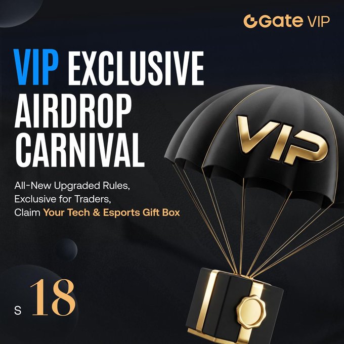 The image is a promotional graphic for Gate VIP's "VIP Exclusive Airdrop Carnival" Season 18, featuring a black and gold VIP-branded parachute delivering a gift box, with text highlighting all-new upgraded rules and the opportunity to claim Tech & Esports Gift Boxes by reaching trading volume tiers.