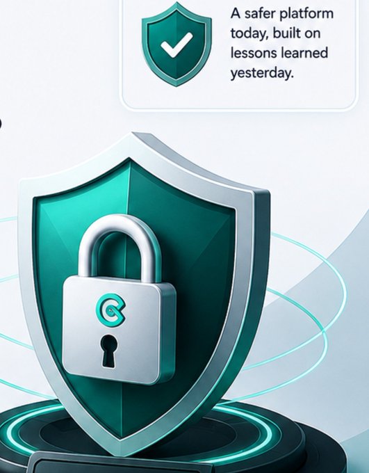 A 3D rendered teal shield with a padlock icon featuring the letter 'C', accompanied by text reading 'A safer platform today, built on lessons learned yesterday.'