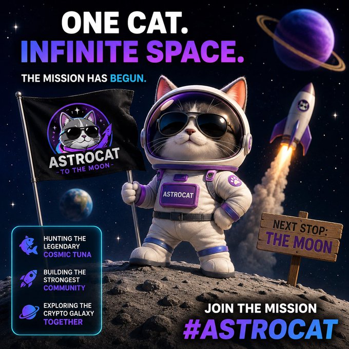 The image features a cartoon cat wearing an astronaut suit, holding a flag with the words "One Cat. Infinite Space." The cat appears to be standing on a planet or moon, possibly the Moon, as indicated by the presence of a rocket nearby. The caption below the image reads, "Looking for the next big Solana meme community? Join AstroCat and become part of the journey before launch! Early community Active members Big plans ahead Don't miss your chance to be early!"