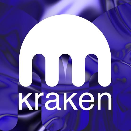 The Kraken cryptocurrency logo, featuring a white kraken/tentacled design over a purple wavy background.
