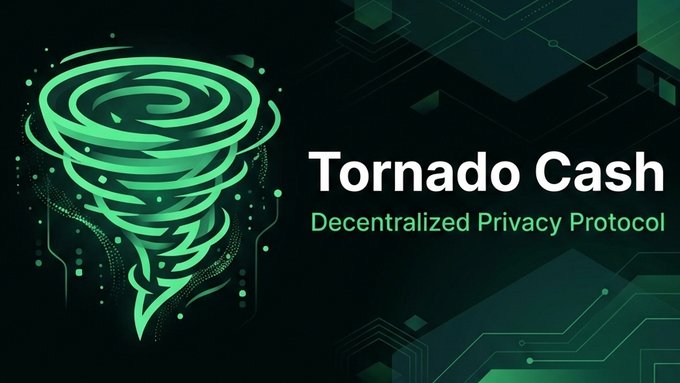 The image features a green, spiral-shaped logo that resembles a tornado. The text " Tornado Cash" is written below the logo, indicating the name of the cryptocurrency. The background of the image is black with various shapes and lines scattered throughout, creating an abstract pattern. Below the logo, there's a block of text that reads: "U.S. sanctions on Tornado Cash are removed. In March 2025 OFAC delisted it after a Fifth Circuit Court ruling found immutable smart contracts could not be sanctioned as 'property' under IEEPA". The image also includes a watermark at the bottom that says "Focus on what is in the image and how it relates to the post".