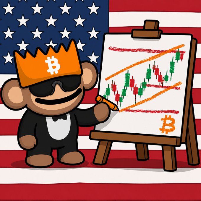 A cartoon monkey wearing a Bitcoin crown and sunglasses paints a candlestick chart with an upward channel on an easel, set against an American flag background.