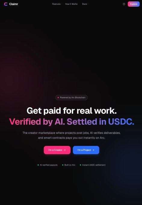 The image shows a website called "claireverify.com" that offers payment for real-world projects. The website has a black background with white text, making it easy to read. It features two buttons labeled "Built by creator" and "Verified by AI", indicating the services provided on the platform. The main content of the image is focused on the verification process, which involves using an AI agent to assess the projects' quality and authenticity before payment is made. This service can be particularly helpful for those who want to ensure that they are paying for genuine work rather than fake or low-quality projects.
