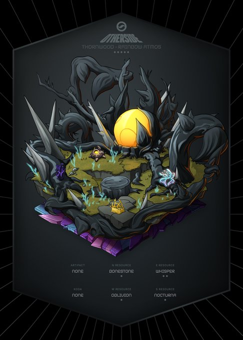 A digital fantasy artwork titled 'DIMENSIONAL THORNWOOD - RAINDOW ATMOS' featuring a stylized dark twisted tree landscape with glowing crystals, a yellow orb, and a small well on a floating island base, with labels for 'BONESTONE', 'WHISPER', 'DILUTION', and 'NOCTURNA' at the bottom.