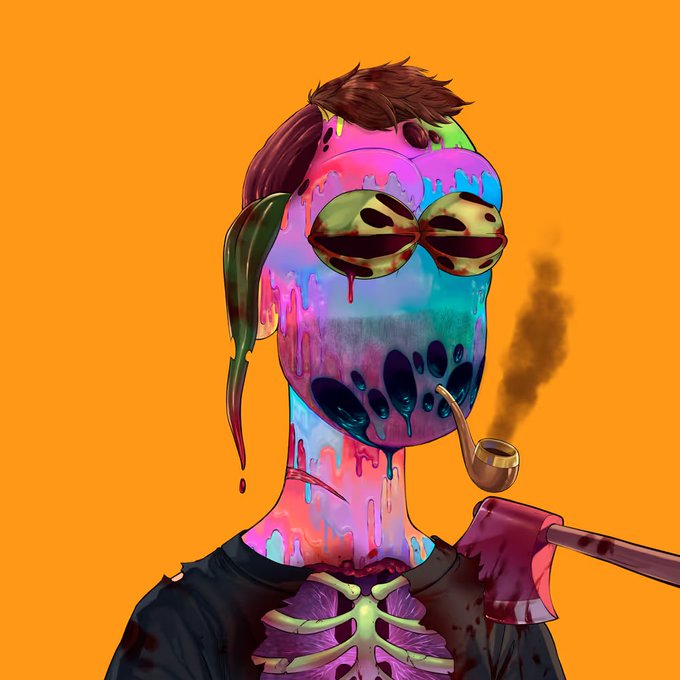 A vibrant digital illustration of a melting, multicolored zombie ape with exposed chest bones and a smoking pipe against an orange background, representing the OG "Zombie Ape" NFT collection by artist @pepe_designer. The dripping, decaying aesthetic embodies the "OG" art the poster champions over fleeting new releases.