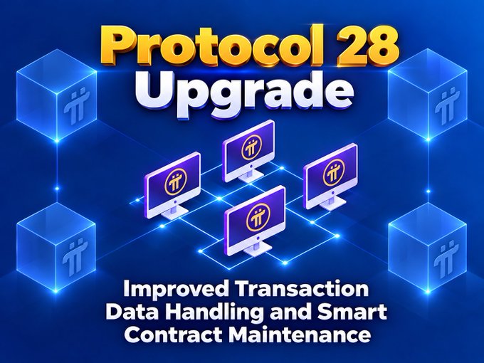 A more detailed version of the 'Protocol 28 Upgrade' graphic, showing glowing computer monitors displaying the Pi logo connected by digital lines, emphasizing 'Improved Transaction Data Handling and Smart Contract Maintenance.'