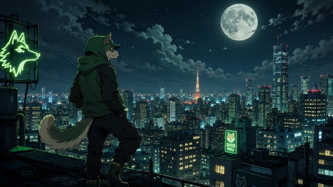 A wolf-headed figure in a green hoodie stands on a rooftop overlooking a moonlit Tokyo skyline, gazing at a glowing "SHIB INU" sign in the city below. The image evokes the post's theme of the author distancing themselves from the $WOOF scammer behind the deployer, symbolizing watchful vigilance and retreat from a fraudulent crypto project.