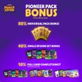 A promotional graphic advertises a 'PIONEER PACK BONUS' with rewards including '50% INTRODUCING BONUS', '40% UNLOCK BONUS', and '50% Min Mining Contract'.
