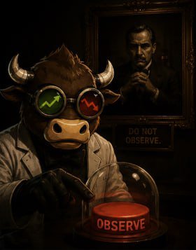 A digital illustration shows a horned anthropomorphic bull wearing goggles and a lab coat operating under a red 'OBSERVE' button, with a sign reading 'DO NOT OBSERVE' and a portrait of a man reminiscent of the Godfather in the background.