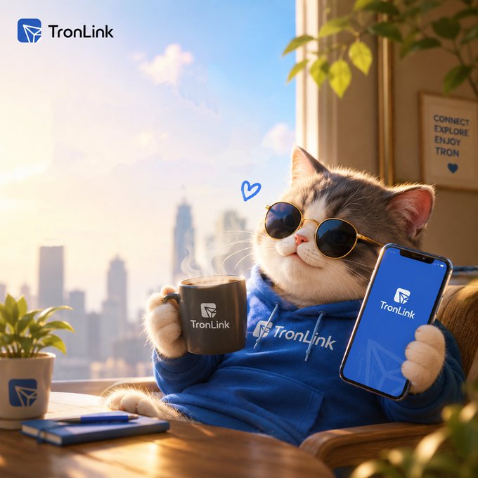 A stylish cat wearing sunglasses and a blue "TronLink" hoodie holds a steaming TronLink mug while displaying a smartphone with the TronLink app, with a "Connect Explore Enjoy Tron" poster in the background—perfectly capturing the relaxed, optimistic spirit of "GM ☀️ Touch what's next in trading."