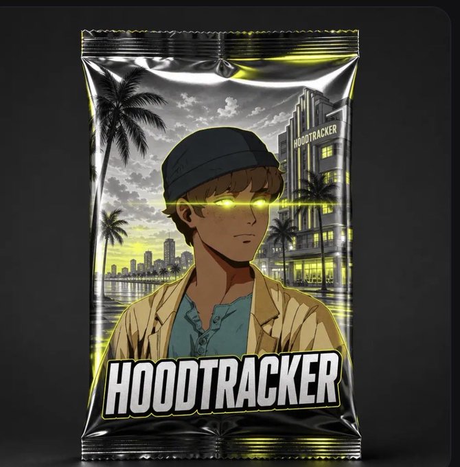 A glossy black "HOODTRACKER" snack-style package featuring an anime character with glowing yellow eyes, palm trees, and a building labeled "HOODTRACKER" in the background.