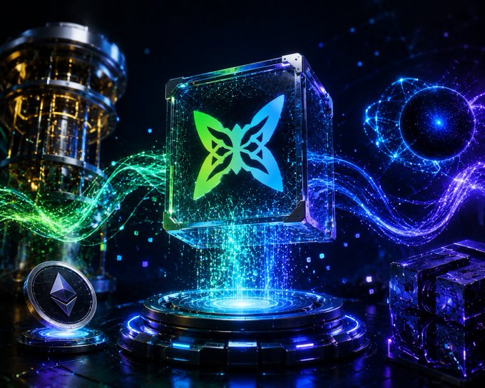 The image features a 3D rendering of a cube with a butterfly design, surrounded by various objects such as a coin, a tower, and a globe. The cube is illuminated by blue and green lights, creating an ethereal atmosphere. The caption above the image reads "people still look at Quantum Echoes and mostly see an nft collection. i think the more interesting part is what it demonstrates underneath ... @quipnetwork is showing what happens when real quantum randomness reaches the application layer of crypto". This suggests that the cube, along with its butterfly design, represents a fusion of art and technology in the world of cryptocurrency.