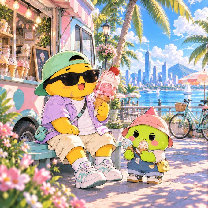 A colorful anime-style illustration of two cute yellow cartoon characters wearing sunglasses and hats, eating ice cream near a seaside ice cream truck.