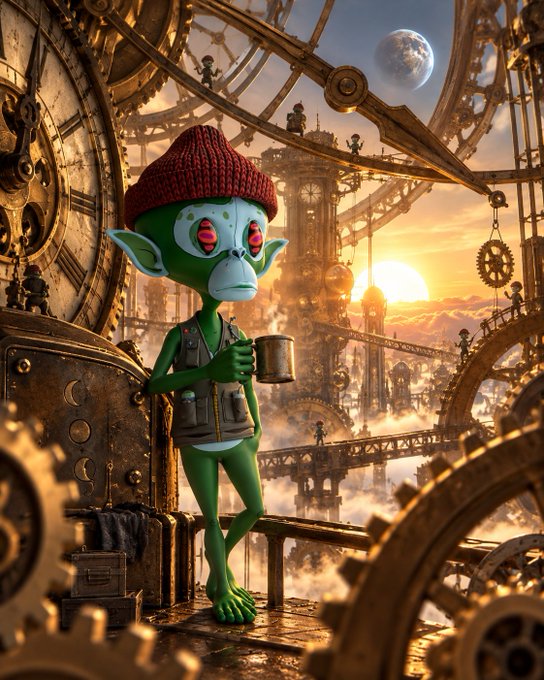 A digital illustration features a green alien character wearing a red beanie and utility vest, holding a mug while standing on a metal platform amidst an elaborate steampunk-inspired clockwork cityscape at sunset, with a moon visible in the sky.