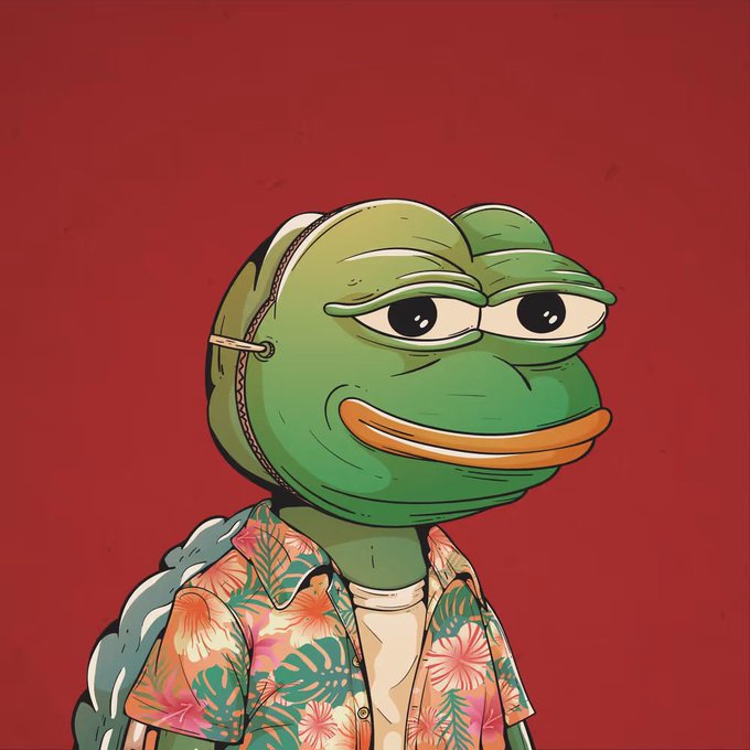 The image features a cartoon frog wearing a Hawaiian shirt, which has palm trees printed on it. The frog appears to be smiling and is standing against a red background. There are also some text elements present in the image that read "This is a great opportunity to join a project early on with lots of potential! Sweep 5 and get one free is a nice deal! @Ty0xide is the founder! The community is rockin!".