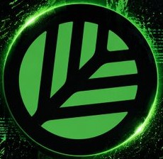 A glowing green circular logo on a dark, digital-themed background, appearing to be a cryptocurrency or tech brand emblem.