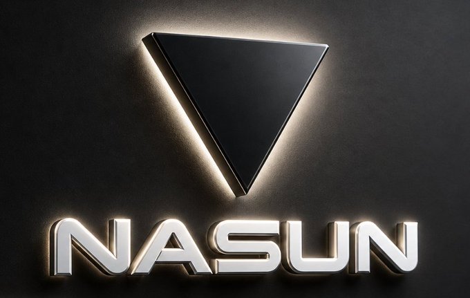 A sleek 3D logo design featuring a black inverted triangle with glowing edges above the metallic text 'NASUN' on a dark background.
