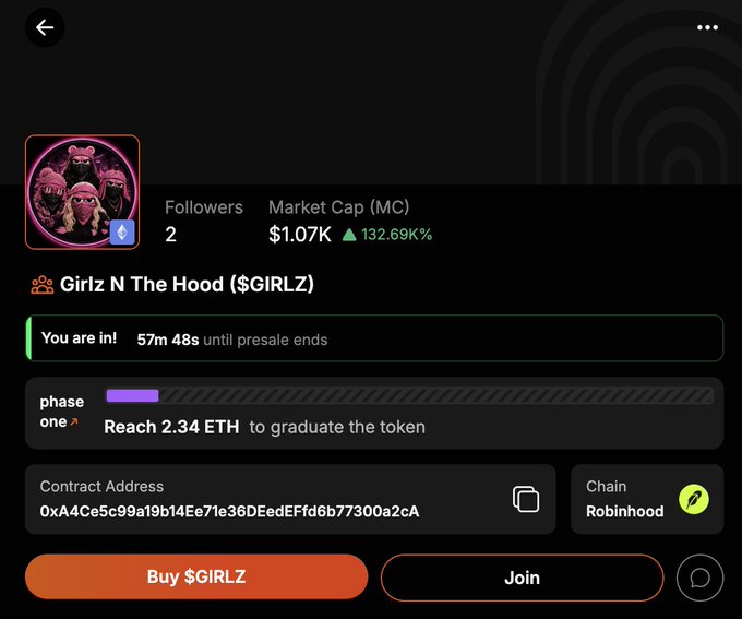 A screenshot of a cryptocurrency presale page for 'Girlz N The Hood ($GIRLZ)'. It shows 2 followers, a market cap of $1.07K with a 132.69% increase, and indicates the user is in phase one with 57m 48s until the presale ends. The token needs to reach 2.34 ETH to graduate, with options to 'Buy $GIRLZ' or 'Join'.