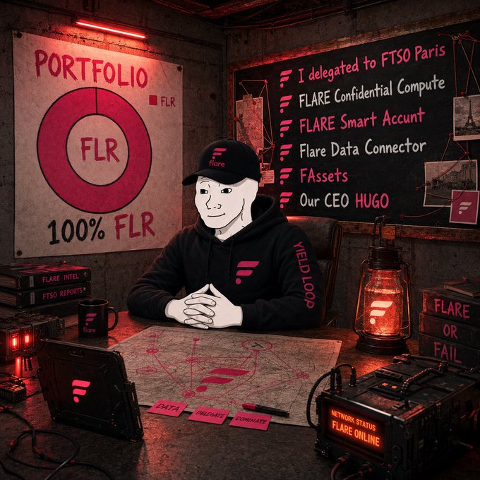 An illustrated figure wearing a 'Flare' cap and hoodie sits at a desk surrounded by Flare and XRP-themed crypto branding, with text including 'PORTFOLIO 100% FLR', 'I delegated to FTSO Paris', and 'NETWORK STATUS FLARE ONLINE'.
