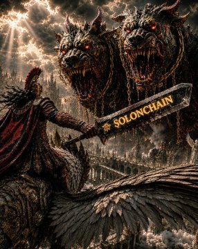 The image features two large dogs with chains around their necks, one of which has a banner that says "SolOnChain" written on it. A man wearing a red cape is holding a sword, standing over these dogs as if they were fighting or being attacked by them. The background shows a dark sky and clouds, adding to the ominous atmosphere of the scene.