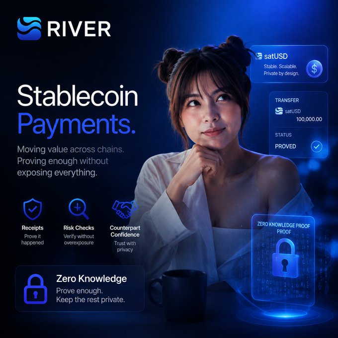 A promotional graphic for 'RIVER' featuring 'Stablecoin Payments' with a woman looking up, alongside details for 'satUSD' including 'TRANSFER 100,000.00' and 'ZERO KNOWLEDGE PROOF'.