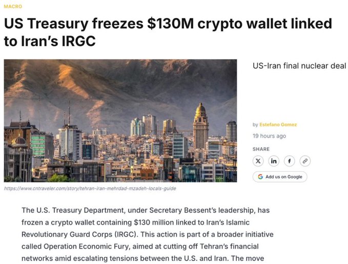 A news article headline reads "US Treasury freezes $130M crypto wallet linked to Iran's IRGC," accompanied by an image of a city skyline, which relates to the post's commentary about the ironic difficulty of freezing decentralized cryptocurrencies like Zcash compared to centralized stablecoins like USDT.