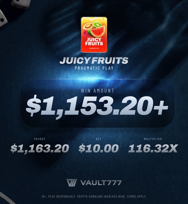 A promotional graphic from Vault777 showcasing a big win on the Pragmatic Play slot game "Juicy Fruits," displaying a win amount of $1,153.20 with a $10.00 bet yielding a 116.32X multiplier—tied to a post celebrating the biggest win of the day.