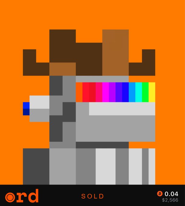 A pixel art NFT character with brown antlers and a rainbow visor on an orange background, marked as 'SOLD' for 0.04 ETH ($2,566) on the OpenSea 'ord' marketplace.