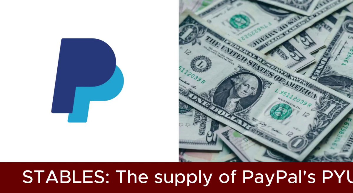 The image shows a stack of US dollar bills, with one bill prominently displayed at the top right corner and another bill at the bottom left corner. The text "Stables: The supply of PayPal's PYU stablecoin has been tumbling since March... Despite new all-time highs from @Ripple 's competing $RLUSD 𝐴𝑡𝑖𝑒𝑟𝑠𝑡𝑖𝑛𝑚" is written below the stack of bills, indicating that the supply of the stablecoin has been decreasing over time.