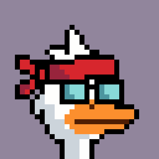 A pixel-art illustration of an anthropomorphic white duck or chicken wearing cyan sunglasses, a red bandana, and orange bill, set against a purple background.
