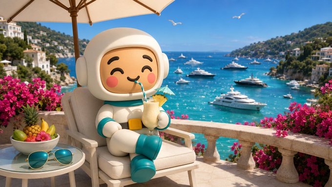 The image features a cartoon character, possibly an astronaut or a robot, sitting in a chair under an umbrella with a drink in their hand. They are positioned near some flowers and a table filled with fruit like bananas and apples. The scene appears to be set on a patio overlooking water, suggesting that the setting is likely at a beach resort or a similar relaxing location. The post about "self-custody summer" implies that this image was taken during the summer season when people tend to enjoy spending time outdoors and engaging in various recreational activities.