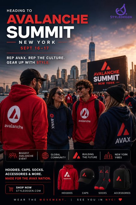 A promotional poster for 'AVALANCHE SUMMIT NEW YORK' on Sept 16-17 by 'StyleDegen', featuring people wearing Avalanche-branded hoodies and merchandise against a New York City skyline.
