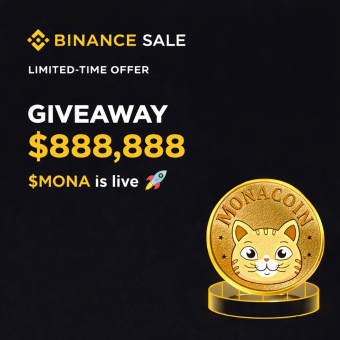 A crypto giveaway ad for "Binance Sale" featuring a gold MonaCoin ($MONA) token with a cat design, claiming a $888,888 limited-time giveaway of $MONA is live, which directly promotes the $MONA airdrop mentioned in the accompanying post.