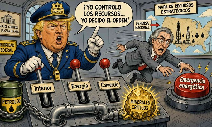 A political cartoon depicting a figure resembling Donald Trump labeled 'JEFE DE TRÁFICO ENERGÉTICO' shouting '¡YO CONTROLO LOS RECURSOS... YO DECIDO EL ORDEN!' at levers for 'Interior', 'Energía', and 'Comercio', while a panicked man reaches for a 'Emergencia energética' button.