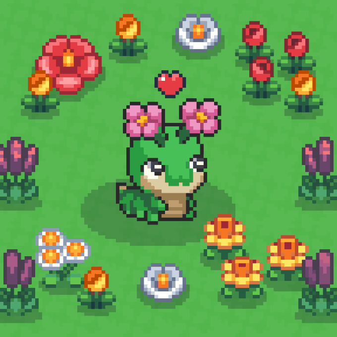 This pixel art image features a cute green frog character with pink flowers on its head and a heart floating above, surrounded by colorful flowers on a grassy background—directly representing the Yakkamon NFT collection being promoted. The post announces a free mint for the game and suggests checking for whitelist (WL) opportunities.