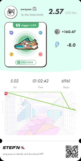 The image features a page that appears to be related to step counting or tracking, possibly for fitness purposes. The page has an interface with an app displaying the steps taken during a run and some other information about the activity. There are icons next to the screen representing a shoe and a phone number. In addition, there is a small drawing of a path showing various landmarks like trees or buildings, adding to the overall visual appeal of the image. The caption above the image reads "StepN" which might indicate that this page is related to step counting by the brand "StepN".