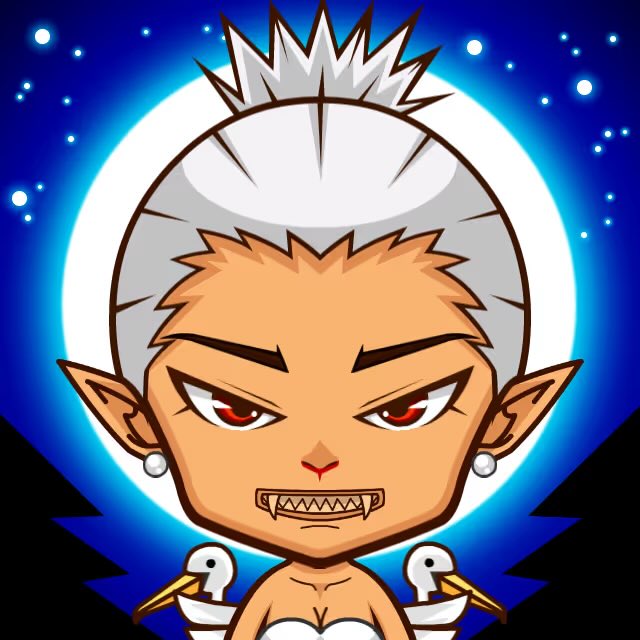 A chibi-style cartoon illustration of a fierce demon character with spiky white hair, red eyes, pointed ears with earrings, and sharp teeth, set against a blue background with a glowing white moon.