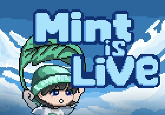 A pixel art image showing a cartoon character with teal hair and a headband beneath large blocky text reading "Mint is Live," set against a blue sky with clouds, announcing an NFT minting event likely linked to the "Tak" collection on OpenSea referenced in the post.
