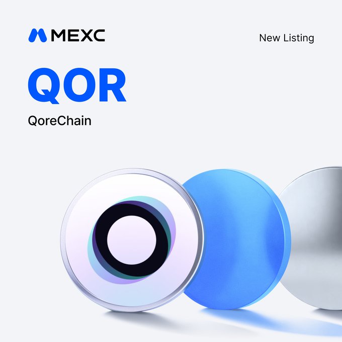 Promotional graphic for MEXC's new listing of QoreChain ($QOR), featuring the MEXC logo and "New Listing" text in the upper portion alongside the ticker "QOR" and project name "QoreChain," with three stylized spheres below. The design visually announces the upcoming $QOR/USDT trading pair launch scheduled for August 20, 2026.