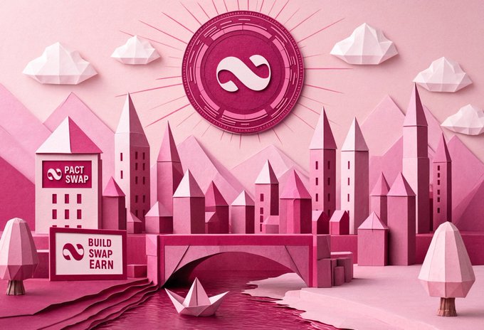 The image features a pink paper city scene that includes buildings and other elements like trees. In the center of the city, there is an abstract design made out of the numbers 1-9. Above this central piece, there is a large circular logo for the cryptocurrency exchange PACT SWAP.