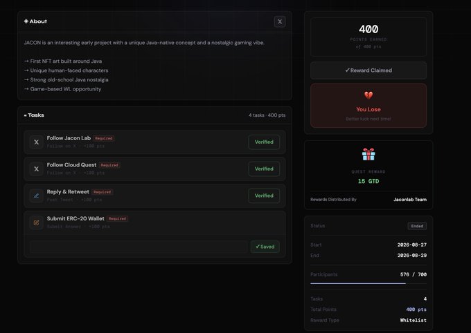 A dashboard interface for a project called "JACON," showing an "About" section, a list of tasks (Follow Jacon Lab, Follow Cloud Quest, etc.) marked as Verified, and a user status showing "You Lose" with 400 points earned and a quest reward of 15 GTO.