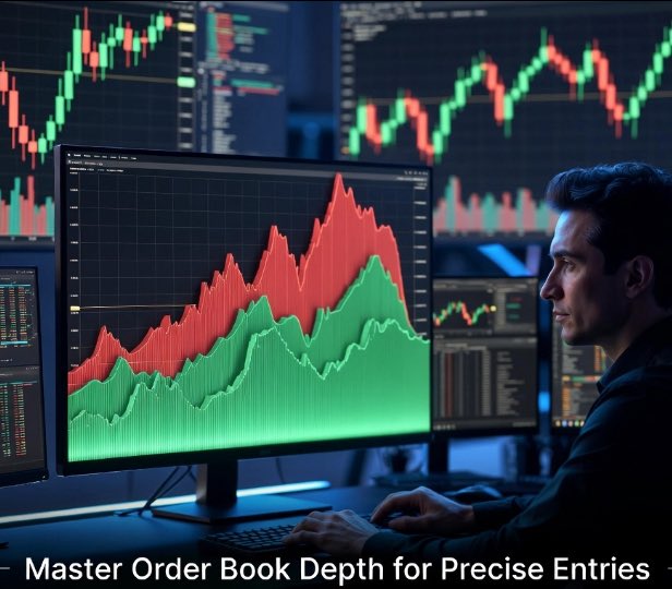 A trader monitoring financial charts on multiple screens showing red and green market graphs, with the caption 'Master Order Book Depth for Precise Entries'.