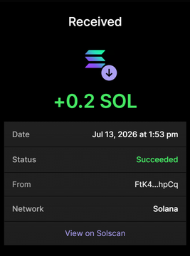 A confirmation screen displays a successful receipt of "+0.2 SOL" dated July 13, 2026 at 1:53 pm, with the status showing "Succeeded" and sent from address "FtK4...hpCq" on the Solana network. The post references this 0.2 SOL transaction as the purchase price for 4 million $RBULL tokens in a promotional airdrop.