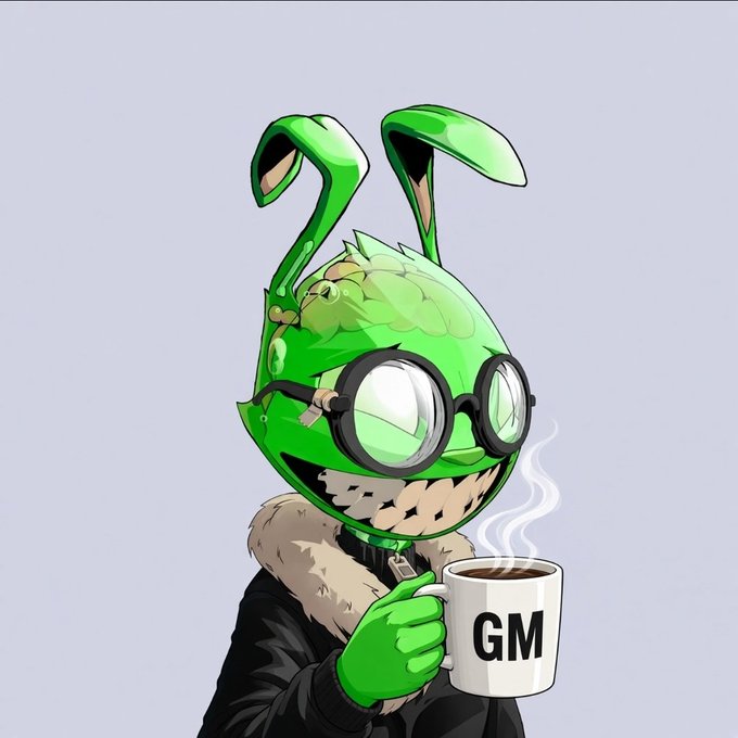 A digital illustration of a green cartoon character with rabbit-like ears and large round glasses, wearing a fur-collared coat and holding a steaming white mug labeled 'GM'.