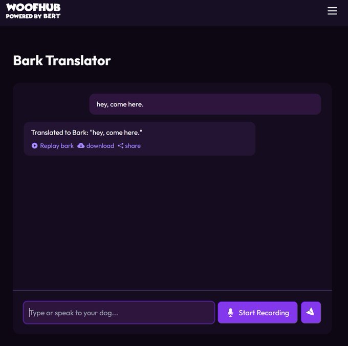A website interface displays a purple background with a black header and footer, featuring a "Bark Translator" section for translating dog commands to human language.