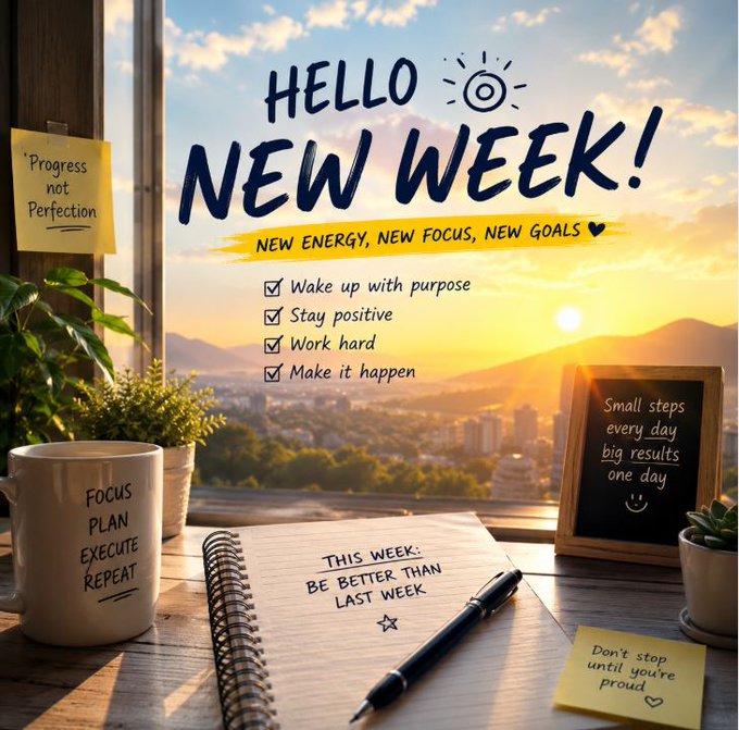 A motivational workspace scene featuring a sunrise view, coffee mug, and notebook with "HELLO NEW WEEK!" displayed prominently, alongside a checklist including "Wake up with purpose, Stay positive, Work hard, Make it happen" and a sticky note reading "Don't stop until you're proud," visually reinforcing the post's theme of building toward goals through consistent daily effort, which ties into earning AURA with @NucleusCodes as a marker of persistence.